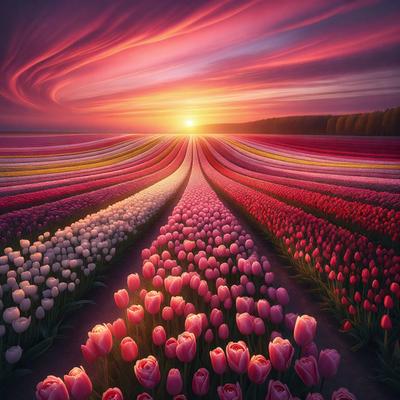 The primary subject of the image is a field of flowers, predominantly pink tulips, arranged in a long row. The setting is a sunset, creating a warm and serene atmosphere. The visual style is a digital art or illustration, with the flowers and sky painted in vibrant colors. The overall mood of the image is one of beauty and tranquility, as the flowers bloom in the soft light of the sunset.